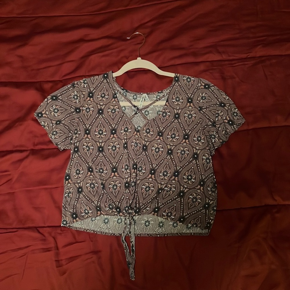 Tie front top with cris cross neckline